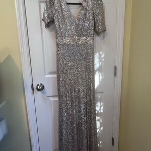 NWT Aqua Formal Silver Beige Sequin Dress Long Modest Prom w/ High Slit Size 8